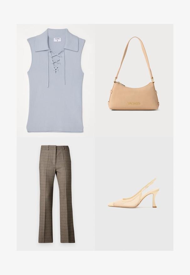 Filippa K LACED COLLAR - Top - ice blue; Calças castanhas em padrão xadrez com corte reto, apresentando um tecido texturizado e cores subtis de bege e castanhos mais escuros ao longo do padrão.; Sandalete de salto alto em malha bege claro com bico fino e um salto slim e curvado, apresentando um detalhe de fivela minimalista.; Bolsa de couro bege com fecho dourado e letras douradas "LOVE MOSCHINO", apresentando uma alça única e uma borda superior curvada.