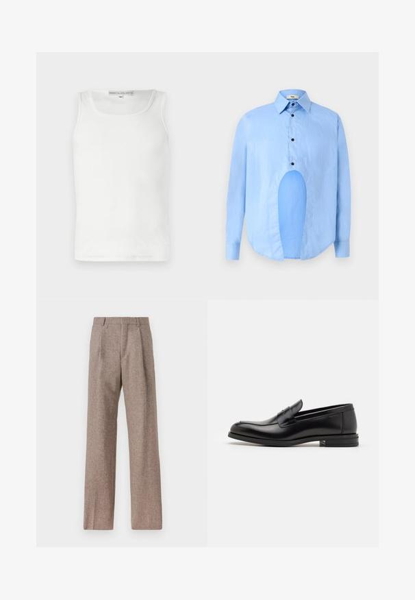 Weiße Baumwoll-Tanktop mit rundem Ausschnitt und ärmellosem Design. Verfügt über eine gerippte Textur und einen geraden Saum am unteren Ende.; Himmelblaues Langarmhemd mit spitzem Kragen, schwarzen Knöpfen und einem einzigartigen Ausschnitt vorne für ein markantes Design.; Braune, hochtaillierte Hose aus strukturiertem Stoff. Mit weitem Bein und zwei vorderen Bügelfalten für zusätzliche Form. Saubere Verarbeitung ohne sichtbare Hardware.; Schwarze Lederloafers mit glatter Textur, rundem Zehenbereich und einem dekorativen Riemen über dem Vorderfuß. Niedriger, gestapelter Absatz, minimalistisches Design.