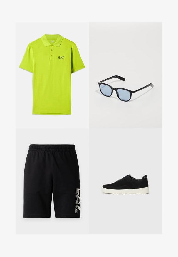 Polo amarelo lima vibrante feito de tecido macio, com colarinho clássico, pala com três botões e o logótipo EA7 em preto no peito.; EA7 Emporio Armani TRAIN VISIBILITY - Calções - black/cream; Sapatilhas de camurça pretas com design de atacadores e sola de borracha branca em contraste. Apresenta painéis laterais texturizados e uma marcação discreta no calcanhar.; Óculos de sol pretos com armações retangulares, lentes azul claro e textura de plástico lisa. Apresenta hastes finas com um discreto detalhe do logótipo.