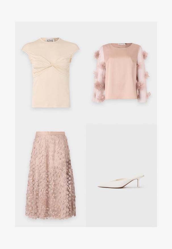 Cream-colored t-shirt with a round neckline, cap sleeves, and twisted front detail. Smooth texture with vertical ruching along the sides.; Light pink top with a solid satin body. Sheer sleeves feature scattered fabric flowers, adding texture and detail. Rounded neckline.; Lace midi skirt in soft pink with floral embroidery, featuring a fitted waistband and layered design, accentuating a delicate texture.; Pointed-toe white mule with a low stiletto heel. Made of smooth material with a minimalist design and subtle tan sole detail.