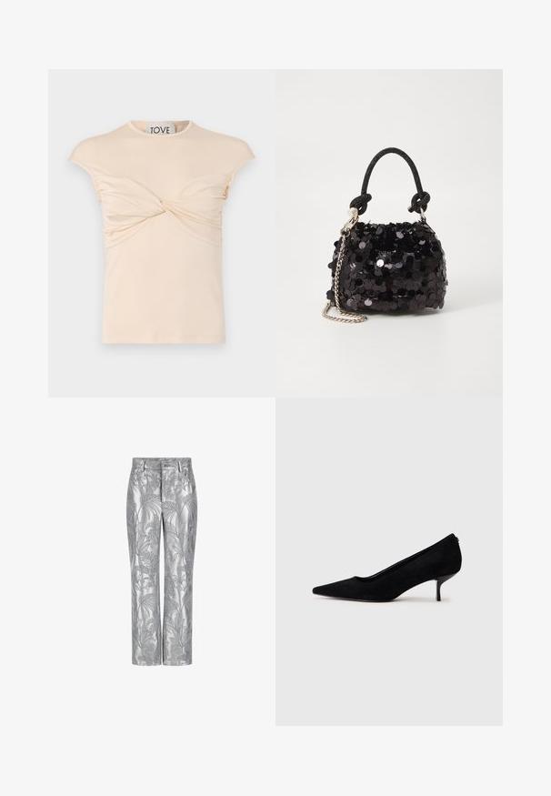 Krémové tričko s okrúhlym výstrihom, krátkymi rukávmi a prekrúteným detailom vpredu. Hladká textura s vertikálnym skladaním po stranách.; Strieborné vyšívané nohavice s vzorom listov, rovný strih a hladká, lesklá textúra. Funkčné vrecká a zapínanie na gombík.; Čierne semišové lodičky s špicatou špičkou a úzkym, nízkym opätkom. Hladká textura s elegantným dizajnom, bez viditeľných kovových súčiastok.; Čierna mini kabelka so štrasom, s uzlovým textúrovaným popruhom a strieborným reťazom. Guľatý tvar s riaseným vrchom a reflexnými detailmi.