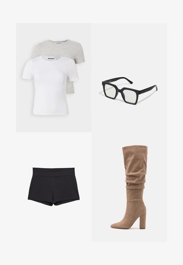 2er-Pack T-Shirts: eines in Weiß und eines in Hellgrau. Rundhals, kurze Ärmel, aus weichem Baumwollmix, glatte Textur, minimalistisches Design.; Schwarze, enganliegende Shorts mit einem breiten Taillenbund, aus einem weichen, elastischen Stoff. Die Saumkanten sind glatt ohne sichtbare Verschlüsse oder Muster.; Anna Field Stiefel - beige; Schwarze quadratische Sonnenbrillen mit matter Oberfläche, die über transparente Gläser und einen leichten blauen Farbton auf einer Seite verfügen. Robustes, kantiges Design.; PULL&BEAR SHOPPER - Shopping Bag - grey