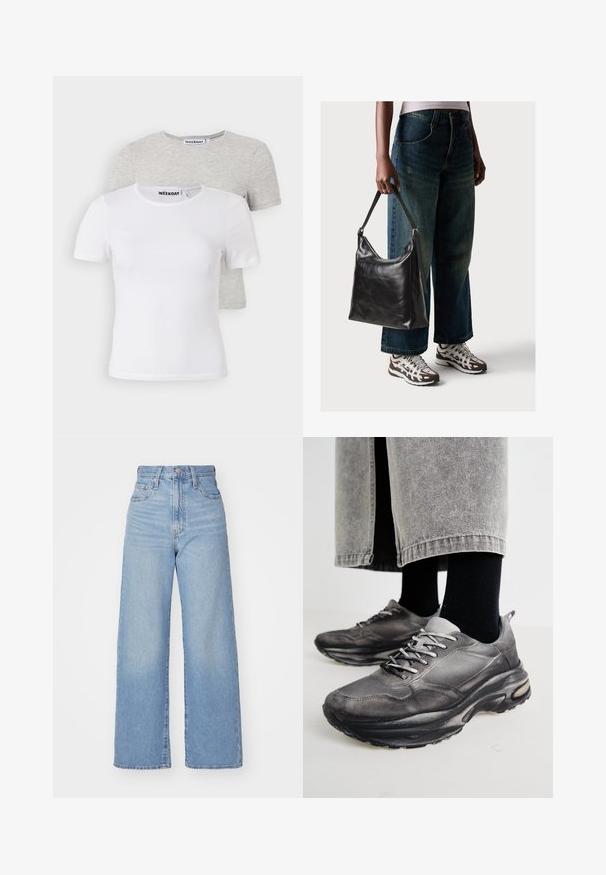 Pakke med to t-skjorter: en hvit og en lys grå. Rund hals, korte ermer, laget av myk bomull blanding, jevn tekstur, minimalistisk design.; Lys blå høytlivs vide jeans med knapp- og glidelås lukking foran, foran og bak lommer, på en hvit bakgrunn.; Sorte og grå treningssko har en mesh-overdel, tykke såler og snøring. De har en rund tå og synlige dempe detaljer.; Sort skinnveske med en glatt tekstur og justerbar stropp, kombinert med falmede vide jeans og atletiske sneakers.