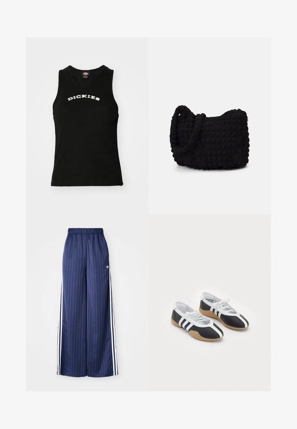 Black sleeveless tank top with a ribbed texture, featuring a white curved "DICKIES" logo on the chest and a V-neck design.; Navy blue wide-leg pants with vertical white stripes, elastic waistband, and three white stripes along each side, made from a lightweight material.; Black and white athletic shoes with a sleek design, rubber sole, lace-up closure, and three white stripes on the sides.; Black fabric bag with a textured, quilted pattern. Rounded shape, short, thick handles, and a soft, flexible structure.
