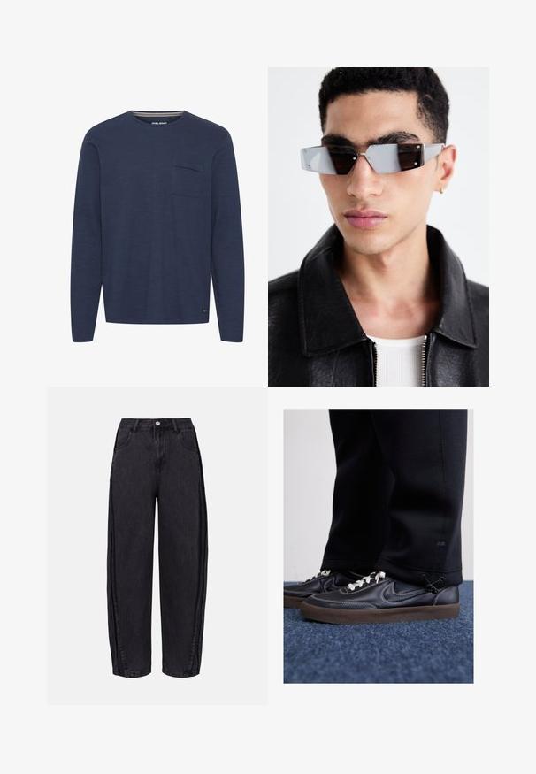 Tamsiai mėlyna ilgarankovė marškinėliai, pagaminti iš tekstūruoto audinio, su krūtinės kišeniu ir apvaliu kaklu, kuriame subtiliai įspausta dryžuota detalė.; Juodos plačios džinsinės kelnės iš lygios tekstūros džinsinio audinio. Turi aukštą liemenį, priekinės kišenes ir mygtuko uždarymą liemens srityje.; Nike Sportswear KILLSHOT 2 LTR PRM OPP2 - Sportbačiai - black sail baroque brown mtlc dk grey; Kampinis pilkai tonuoti akiniai nuo saulės su sidabrinėmis detalėmis, prieš šviesų foną. Lęšiai turi unikalią geometrinę formą.