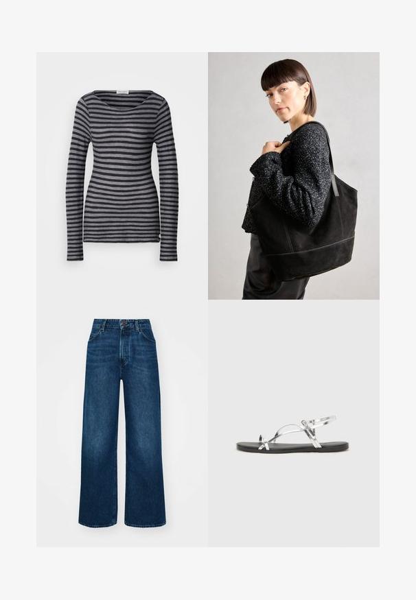 Ilga rankovė su juostelėmis tamsiai pilka ir šviesiai pilka spalva. Yra apvalus kaklo išpjova ir prigludęs siluetas. Pagaminta iš minkštos, lengvos medžiagos.; Aukšto liemens, platėjantys džinsai tamsiai mėlynos džinsinės medžiagos su lygia tekstūra, kontrastingomis siūlėmis ir penkių kišenių dizainu. Priekinis mygtukų užsegimas.; Sidabriniai metaliniai sandalai su minimalistiniu dizainu, turintys plonas dirželius ir juodą plokščią padą. Išskirtinai pabrėžiami kryžminiai dirželių akcentai.; Juodas nubuko turgus su sklandžiu paviršiumi, struktūrine forma ir kontrastingomis siūlėmis. Yra ilgos rankenos, skirtos nešti ant peties.