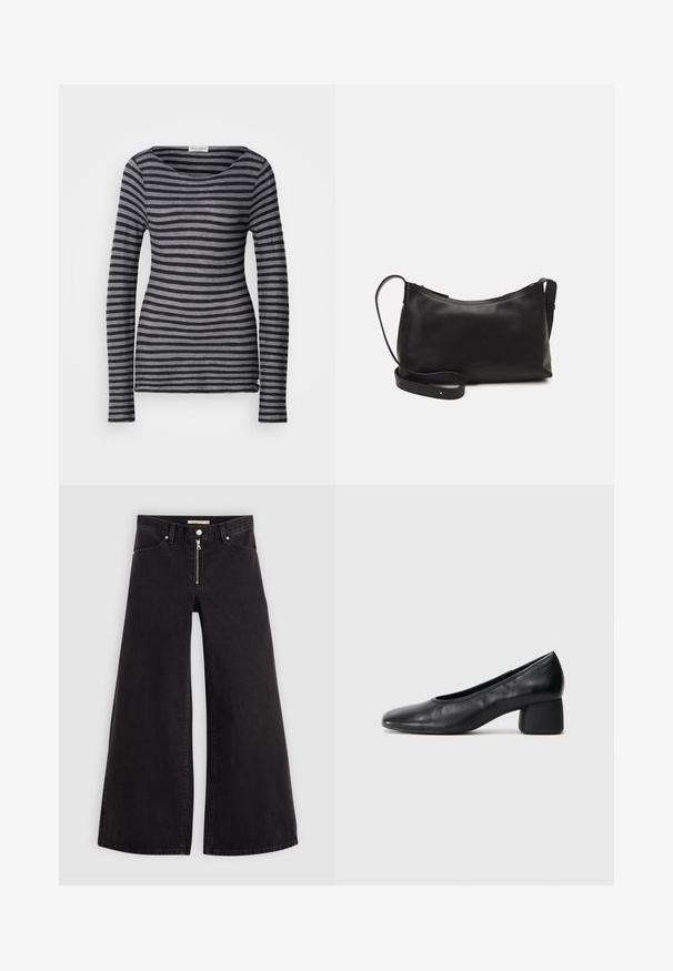 Μακρυμάνικη ριγέ μπλούζα σε σκούρο γκρι και ανοιχτότερο γκρι. Διαθέτει στρογγυλή λαιμόκοψη και εφαρμοστή γραμμή. Κατασκευασμένη από μαλακό, ελαφρύ ύφασμα.; Πλάι-πλάι τζιν σε μαύρη denim με φερμουάρ μπροστά, σχέδιο με πέντε τσέπες και διακριτές ραφές. Λείος υφασμάτινος χαρακτήρας και χαλαρός στυλ.; Μαύρη δερμάτινη γόβα με στρογγυλή μύτη και μεσαίο φαρδύ τακούνι. Λείο υλικό με ελάχιστες λεπτομέρειες, διαθέτει διακριτική ελαστική είσοδο.; Μαύρη δερμάτινη τσάντα ώμου με λεία υφή, καμπύλο σχήμα, ρυθμιζόμενο λουρί και κλείσιμο με φερμουάρ. Μινιμαλιστικός σχεδιασμός χωρίς διακοσμητικά στοιχεία.