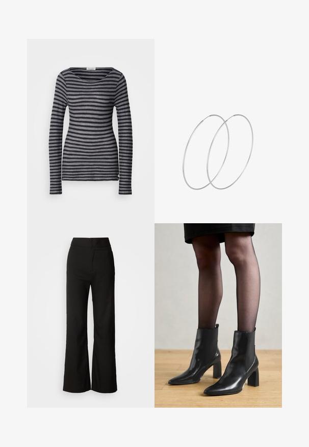 Majica z dolgimi rokavi s črtami v temno sivi in svetlejši sivi barvi. Ima okrogel izrez in prilegajoč kroj. Narejena je iz mehke, lahke tkanine.; Črne široke hlače z gladko teksturo, visokim pasom in čistim dizajnom. Brez vidnih žepov ali okrasnih elementov.; Črne usnjene gležnjarje s koničastim nosom, masivnim kvadratnim petam in sleek oblikovanjem. Imajo elastične stranske panele za enostavno obuvanje.; Srebrne uhane v obliki obroča z minimalističnim dizajnom. Krožna oblika, gladka tekstura in tanek profil. Lahki s poliranim zaključkom.