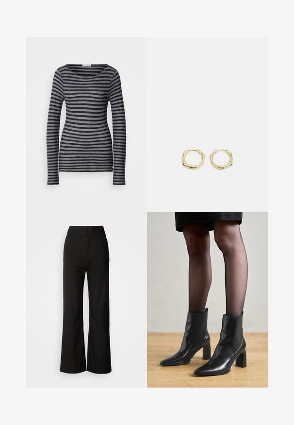 Długi rękaw w paski, w kolorze ciemnoszarym i jaśniejszym szarym. Posiada okrągły dekolt oraz dopasowany krój. Wykonany z miękkiej, lekkiej tkaniny.; Czarne spodnie z szerokimi nogawkami o gładkiej fakturze, wysokim stanie i minimalistycznym designie. Brak widocznych kieszeni i zdobień.; Czarne skórzane botki za kostkę z ostro zakończonym noskiem, masywnym kwadratowym obcasem i eleganckim designem. Posiadają elastyczne boczne panele dla łatwego zakładania.; Złote kolczyki w kształcie obręczy o teksturowanej, nieregularnej formie. Posiadają bezszwowe zapięcie oraz polerowane wykończenie, podkreślające nowoczesny design.
