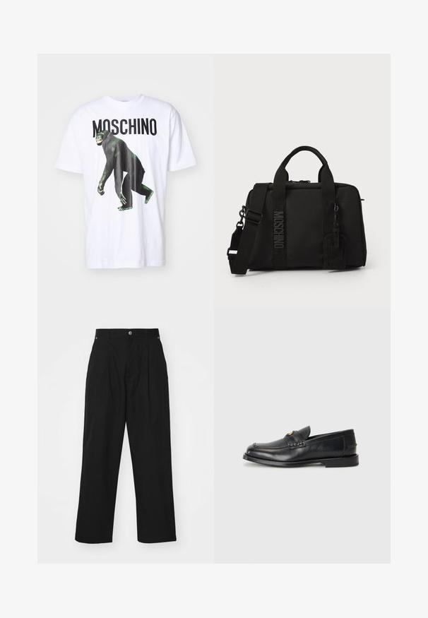White cotton t-shirt featuring a black monkey graphic and bold "MOSCHINO" text in black. Relaxed fit with short sleeves and crew neckline.; Black wide-leg trousers made from lightweight fabric. Features a button closure, front pleats, and two side pockets.; Black leather loafers feature a rounded toe, stitched detailing, and a small gold accent on the front. The sole is flat and discreet.; Black textile bag with dual handles and detachable shoulder strap. Features embossed logo and leather tag. Smooth texture, rectangular shape.
