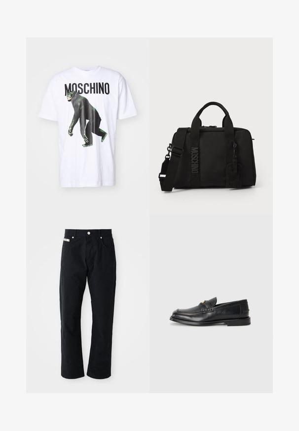 White cotton t-shirt featuring a black monkey graphic and bold "MOSCHINO" text in black. Relaxed fit with short sleeves and crew neckline.; Black cotton pants with a straight leg design, five pockets, silver hardware, and a subtle textured finish.; Black leather loafers feature a rounded toe, stitched detailing, and a small gold accent on the front. The sole is flat and discreet.; Black textile bag with dual handles and detachable shoulder strap. Features embossed logo and leather tag. Smooth texture, rectangular shape.