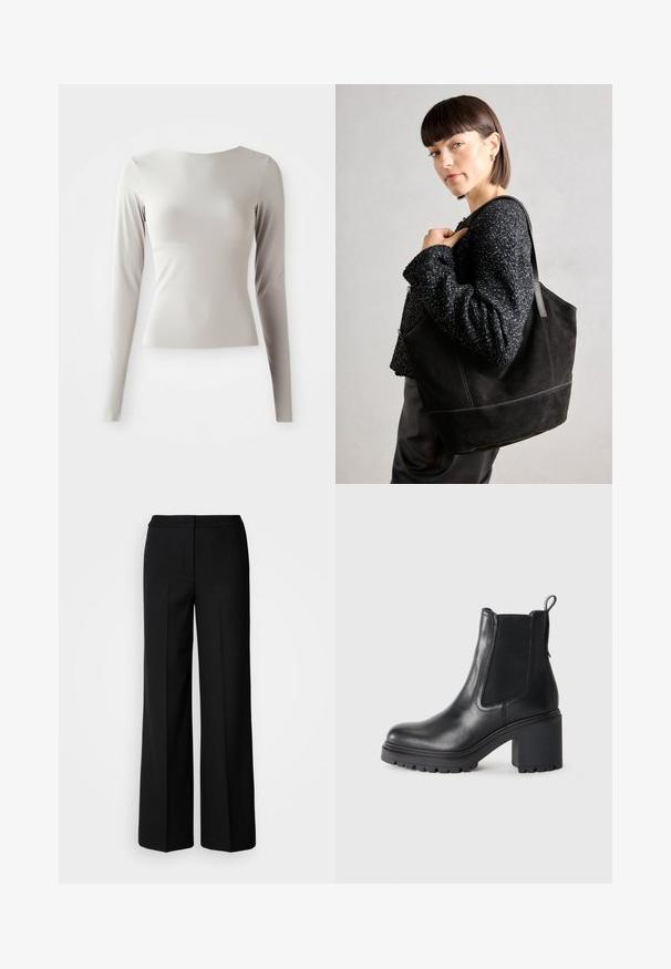 Helehall pikkade varrukatega topp, mis on valmistatud siledast ja libedast kangast, ümarate kaelustega ja kitseneva siluetiga. Džempril on all veidi laienev äär.; Mustad laiad püksid siledast kangast, millel on kõrge vöökoht, kohandatud õmblused ja minimalistlik kujundus. Ei ole nähtavat riistvara ega taskuid.; Must musta külgniidi ja tõmbehaaratsi ning tekstuurses tallas lisatoe jaoks. Karm kõrgendatud konts.; Must mustriga mustekott, millel on sile tekstuur, struktureeritud kuju ja kontrastsed õmblused. Omab pikki rihmasid õlavarre kandmiseks.