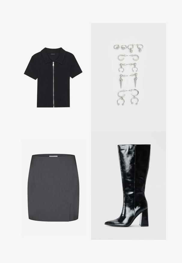 Cămașă polo neagră cu mânecă scurtă, cu o textură ribbed, având un fermoar pe față și un guler ascuțit. Design simplu cu accente minime.; Envii SPLIT - Fustă tip creion - grey; Botine negre până la genunchi, realizate din piele lucioasă, cu vârf ascuțit și toc geometric robust cu o textură netedă.; Set de cercei din argint cu diverse modele: cercei rotunzi, cercei tip pandantiv și cercei cu aplicări, cu elemente sferice și ascuțite.