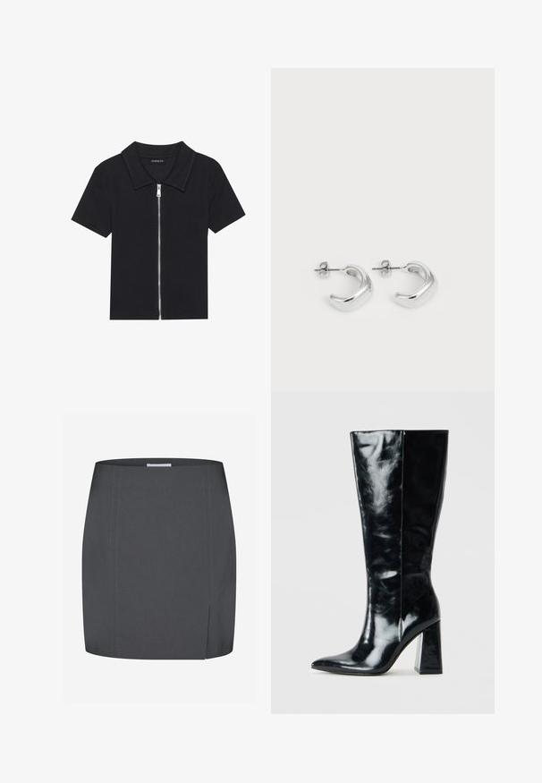 Melns īsām piedurknēm polo krekls ar rievoju tekstūru, ar rāvējslēdzēja priekšpusi un norādītu apkakli. Vienkāršs dizains ar minimālām akcentiem.; Envii SPLIT - Zīmuļsvārki - grey; Melnas ceļgala augstumā botas, izgatavotas no spīdīgas ādas, ar asu purngali un masīlu ģeometrisku papēdi ar gludu tekstūru.; Sudraba gredzena auskari ar gludu, pulētu apdari. Apaļa forma ar nedaudz izliekta dizaina un sajauktām malām. Ar tapu aizdari.