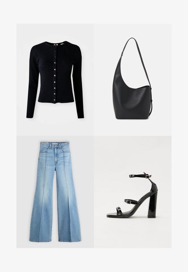 Black ribbed cardigan with long sleeves, round neckline, and front button closures featuring silver buttons. Form-fitting with a smooth texture.; Light blue high-waisted jeans with wide legs, front and back pockets, belt loops, and vertical seam details on the front.; Black patent heeled sandals with a square toe, ankle straps, and silver buckles. Features a chunky block heel for stability.; Black leather hobo bag with a smooth texture, curved shape, and single adjustable strap; features a wide opening at the top.