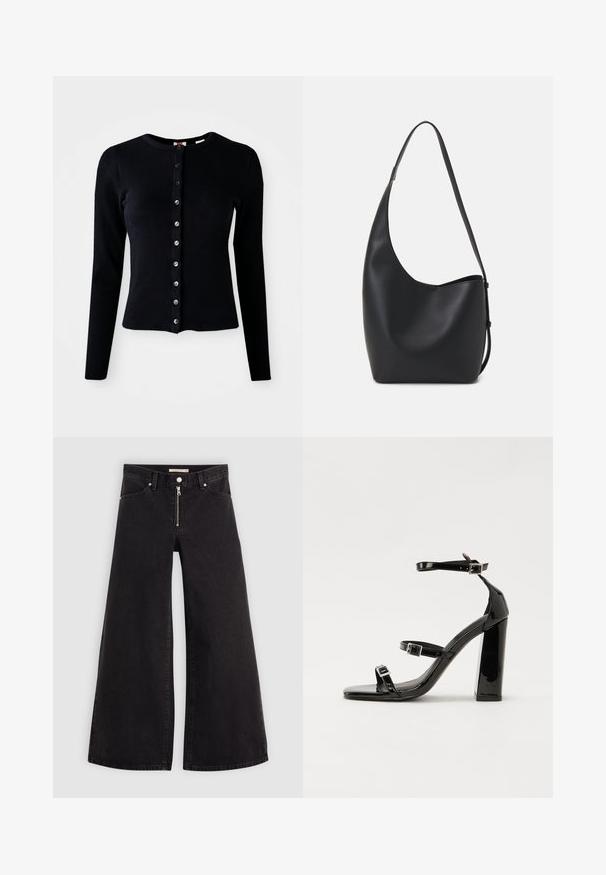 Čierny rebrovaný kardigán s dlhými rukávmi, okrúhlym výstrihom a predným zapínaním na strieborné gombíky. Priliehavý strih s hladkou textúrou.; Dlhé nohavice vo voľnom strihu z čierneho denimu so zipsom vpredu, päť vrecúškovým dizajnom a jemnými stehovými detailmi. Hladká textúra a neformálny štýl.; Čierne lakované sandále na podpätku so štvorcovou špičkou, navlečenými remienkami okolo členku a striebornými prackami. Disponujú masívnym blokovým podpätkom pre stabilitu.; Čierna kožená hobo taška so hladkou textúrou, zakriveným tvarom a jedným nastaviteľným popruhom; má široké otvorenie na vrchu.