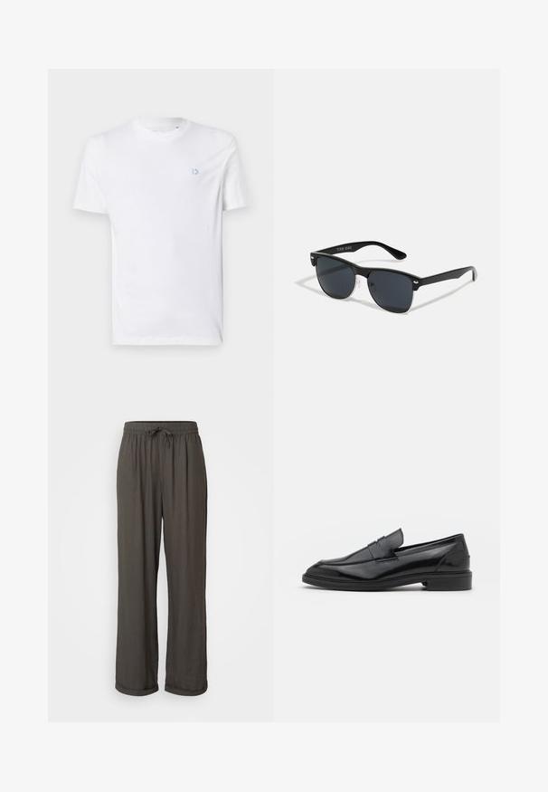 Valge puuvillane t-särk, millel on ümardatud kaelus ja lühikesed varrukad, vasakul rinnal kerge sinine logo. Sile tekstuur, lihtne disain.; Tumedat hallid laiad püksid nööriga vööl, valmistatud pehmest, tekstuuriga kangast, millel on pahkluu juures keeratud kraed.; Mustad nahast loafers, millel on sile viimistlus, ümar varvas ja kitsas riba peal. Madal kühveldatud konts.; Mustad mustmikrooni kujuga mustad prillid, tumedate klaasidega, hõbedased detailid templite juures ja mati viimistlusega raam.