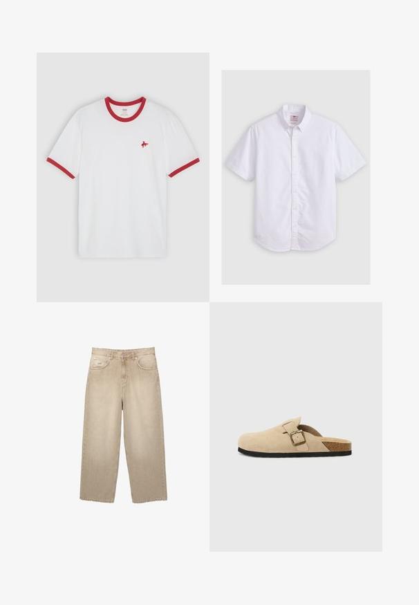 Biela bavlnená tričko s červeným rebrovaným golierom a manžetami, so zeleným vyšitým logom koňa na ľavej strane hrudi.; Krátky rukáv biela košeľa z bavlny, s golierom na gombíky, jemnou štruktúrou, zakriveným lemom a tradičným gombíkovým zapínaním.; Bežové džíny s širokými nohavicami a vysokým pásom, ktoré majú strapatý lem, dve predné vrecká a decentné vyšívanie.; Bežové semišové clogs na klinoch so korkovou stielkou, zaoblenou špičkou a jednoduchým remienkom so zlatým sponou. Gumová podrážka pre lepšiu priľnavosť.