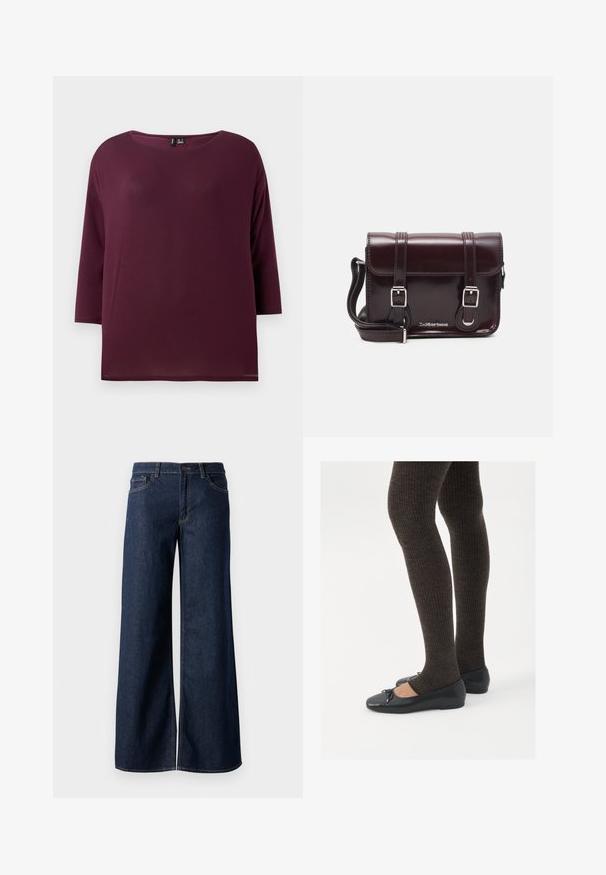 Burgundy-tyylinen paita, jossa on pyöreä kaula-aukko ja kolmanneksen pituiset hihat, pehmeästä kankaasta valmistettu, rento istuvuus ja suora helma.; Suorat lahkeet farkut tummansinisestä denimmistä. Ominaisuuksiin kuuluvat kontrastiväriset ompeleet, viisi taskua ja nappisuljenta vyötäröllä. Sileä pinta.; Mustat matalat kengät, joissa on pieni nauha varpaissa, yhdistettynä tummanruskeisiin ribattuisiin sukkahousuihin. Kengissä on sileä pinta ja matala profiili.; Burgundin värinen lakattu nahkainen olkapussukka, jossa on suorakulmainen muoto, kaksi hihnaa, hopeiset yksityiskohdat ja läppäkiinnitys.