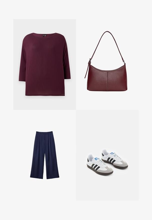 Bordový top s okrúhlym výstrihom a trojštvrťovými rukávmi, vyrobený z jemnej tkaniny, s voľným strihom a rovnými lemami.; Námornícky modré široké nohavice s pukmi, zapínaním na gombík a pútkami na opasok, zobrazené ležiace na bielom pozadí.; Športové topánky s bielym koženým zvrškom, šedou semišovou špičkou a tromi čiernymi pruhmi. Obsahujú modré logo na jazyku a štruktúrovanú gumovú podrážku.; Bordová kožená kabelka s zakriveným tvarom, s jedným ramenným popruhom a prešitými detailmi v strede. Hladký povrch, minimalistické príslušenstvo.