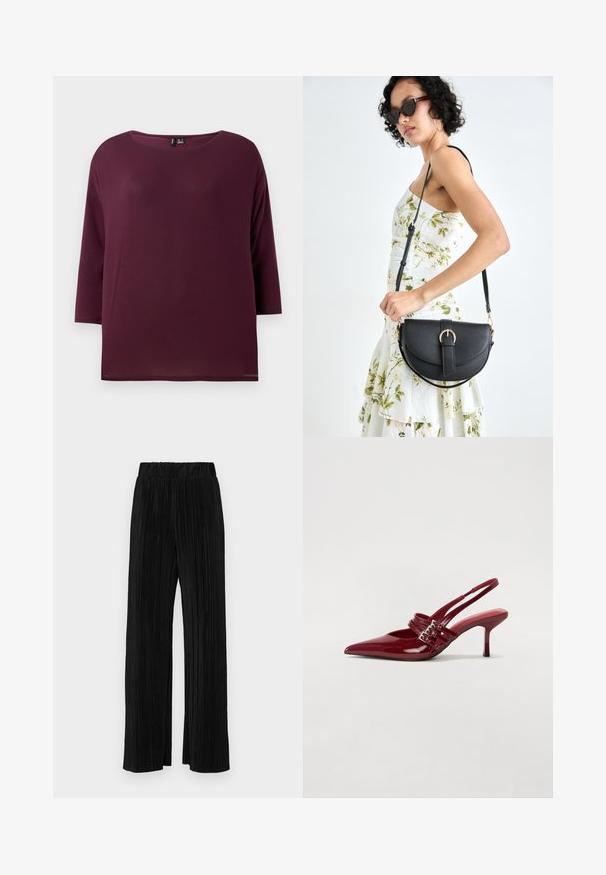 Bordeaux top met een ronde hals en driekwartmouwen, gemaakt van zachte stof, met een relaxte pasvorm en rechte zoom.; Zwarte geplooide broek met een elastische tailleband. Beschikt over wijde pijpen en een glad, gestructureerd stof met verticale strepen.; Rode gepatenteerde leren slingbackhakken met een spitse neus, twee gespsluitingen en een slanke, middelhoge stilettohak. Glad textuur.; Zwarte leren handtas met een gebogen vorm, afneembare schouderband en gouden hardware. De tas heeft een klep met een gespsluiting.
