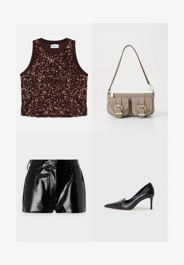 Sequin-embellished sleeveless top in rich brown, featuring a smooth brown trim and shimmering copper accents across the front surface.; Black, glossy shorts made of synthetic material. Features a fitted waist, belt loops, and front pockets with prominent stitching details.; Black leather pump with a pointed toe, low-cut vamp, and a decorative gold accent. Features a stiletto heel and smooth texture.; Beige textured handbag with adjustable strap, two front pockets secured by buckles, and gold hardware accents. Zipper closure at the top.