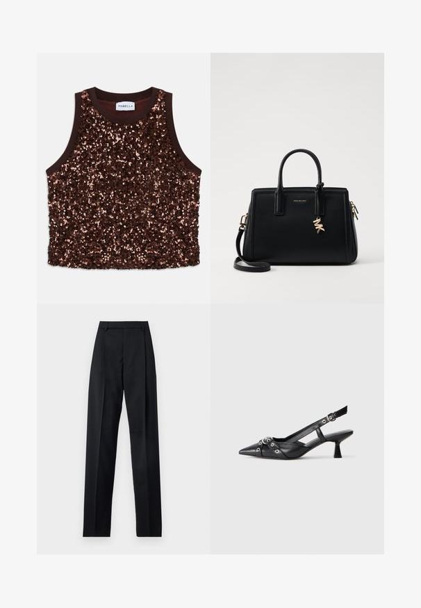 Top bez rukava ukrašen šljokicama u bogatoj smeškastoj boji, sa glatkim smeškastim obrubom i sjajnim bakrenim akcentima na prednjoj strani.; Crne hlače od glatkog materijala s visokim strukom, širokim nogavicama, prednjim pregibima i klasičnim petljama za remen. Nema vidljivih bočnih džepova.; Crne kožne cipele s remenom oko pete, s izduženim vrhom, dekorativnim trakama s metalnim rupama i niskom blok petom. Teksturirana površina.; Crna kožna torba s strukturiranim dizajnom, dvostrukim gornjim ručkama, odvojivim remenom za rame, zlatnim detaljima i akcentom s logom.