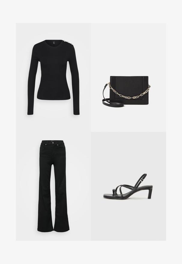 Black long-sleeve top with a fitted design, round neckline, ribbed texture, and decorative buttons on the right shoulder.; Black flared jeans made from denim, featuring a high waist, five pockets, and metal button closure. Smooth texture with minimal detailing.; Black strappy sandal with a square toe and a low block heel. Features multiple thin straps and an adjustable ankle strap. Made of smooth leather.; Black leather crossbody bag featuring a smooth texture, rectangular shape, and a metallic chain detail on the front. Adjustable strap included.