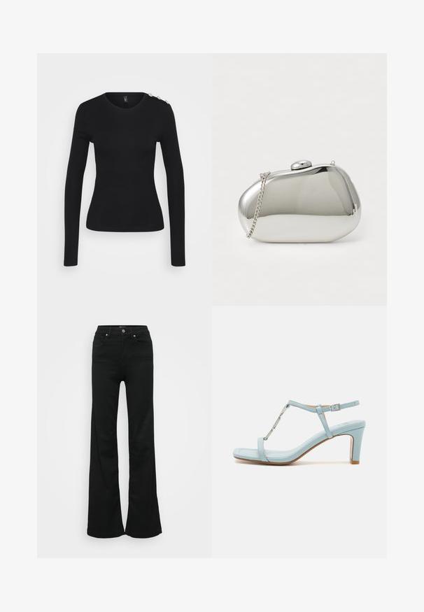 Črna majica z dolgimi rokavi, soprimnjenim dizajnom, okroglim izrezom, rebrasto teksturo in dekorativnimi gumbi na desnem ramenu.; Črne razširjene kavbojke iz denima, z visokim pasom, petimi žepi in kovinskim gumbom za zapiranje. Gladka tekstura z minimalnimi detajli.; Svijetloplave sandale s visokom petom i remenom oko gležnja, sa kvadratnim vrhom, koji imaju metalik akcent i glatku, glatku kožnu teksturu.; Srebrna kovinska torbica z zaobljeno, gladko obliko. Ima zapiranje na sponko in snemljivo verižico. Odbijajoča površina brez vzorcev.; Srebrn dvojni prstan z gladko, polirano površino. Ima tekoč, ukrivljen dizajn z prekrivajočimi se sekcijami za sodoben videz.