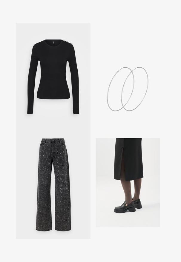 Čierny dlhý rukáv s priliehavým strihom, okrúhlym výstrihom, rebrovanou textúrou a dekoratívnymi gombíkmi na pravom ramene.; Noisy May NMJANNEL LOOSE - Džínsy voľného strihu - black denim; Čierne kožené topánky s okrúhlou špičkou, silným blokovým opätkom a elastickými bočnými akcentmi, skombinované s tmavými pančuchami a čiernou sukňou so štiepením.; Strieborné kruhové náušnice s minimalistickým dizajnom. Cirkulárny tvar, hladký povrch a tenký profil. Ľahké s lesklým povrchom.