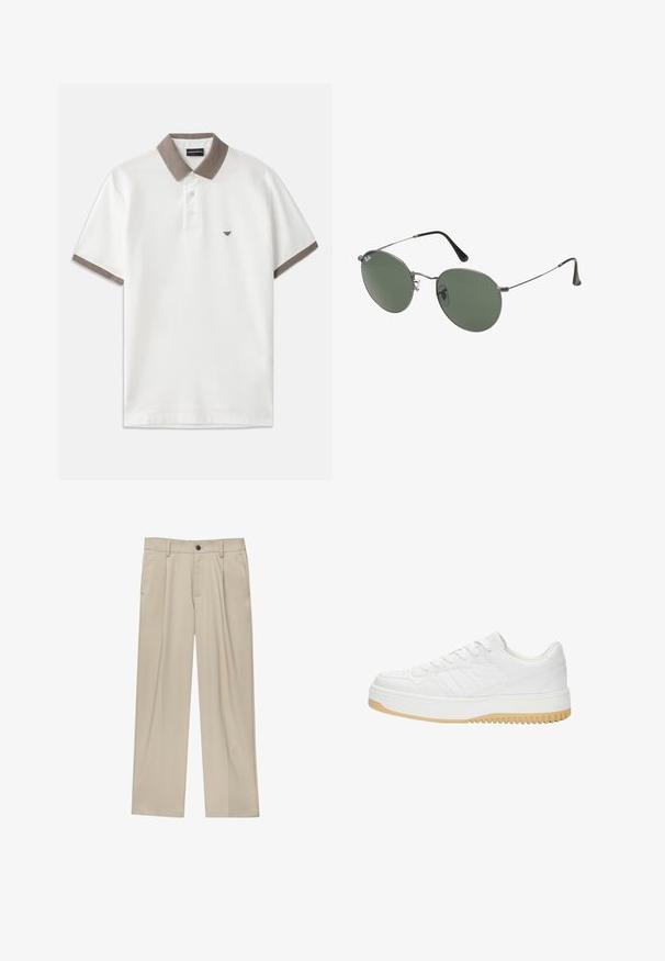 Biała koszulka polo z brązowym plecionym kołnierzykiem i akcentami rękawów, z trzema guzikami przy dekolcie i małym logo nad lewą piersią.; Beżowe spodnie o prostym kroju, z pojedynczym czarnym guzikiem, szlufkami na pasek oraz bocznymi kieszeniami. Gładka faktura materiału i minimalistyczny design.; Białe skórzane sneakersy o fakturowanym wykończeniu, z gumową podeszwą, sznurowanym zapięciem i subtelnymi akcentami w paski po bokach.; Okulary przeciwsłoneczne z metalową ramą i owalnymi zielonymi soczewkami. Cienka srebrna metalowa rama i czarne końcówki zauszników. Minimalistyczny design, bez widocznych logo.