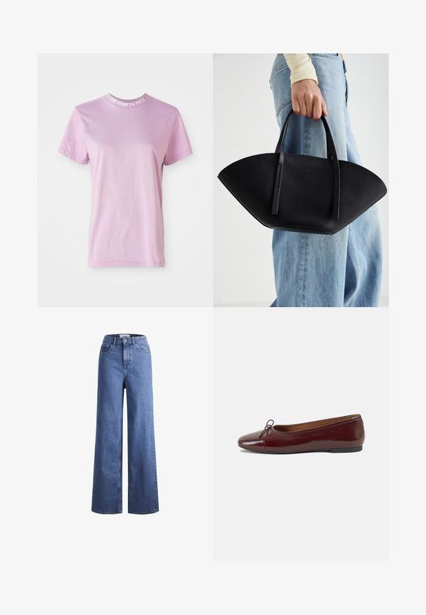 Lyserød kortærmet t-shirt med rund halsudskæring og teksten "THE NORTH FACE" i hvid på kraven. Blødt bommateriale.; Lyseblå denim brede bukser med høj talje, to frontlommer og synlige stikninger. Har en knap- og lynlåslukning.; Bordeaux patentlæder balletflad med rund tå, lille sløjfeaccent foran og en lav, sort gummisål. Glat tekstur.; Sort læderhåndtaske med en unik vifteform, der har flade håndtag. Overfladen har en pebblelignende tekstur og et minimalistisk design.