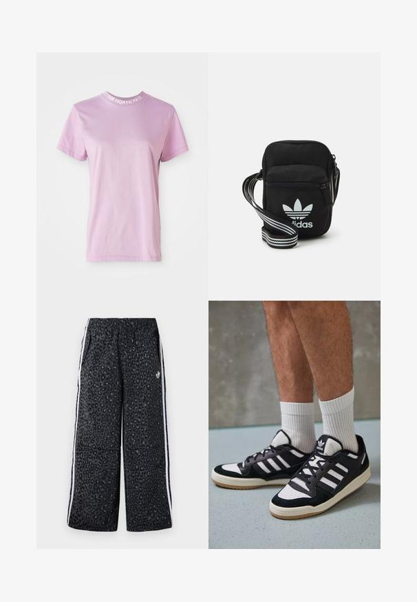 Hele roosa lühikeste varrukatega t-särk ümmarguse kaelusega, millel kaeluses valge kiri "THE NORTH FACE". Pehme puuvillane materjal.; adidas Originals GRAPHIC UNISEX - Dresside alumine osa - black; Mustvalged ja valged spordijalatsid, mille pealmine osa on valmistatud suede'ist ja nahast. Kingadel on kolm valget riba, auguline varvas ja kummist tald.; Mustmust värvi risti koti, millel on tõmblukuga sulgemine, valge Adidas'i logo ja triibuline reguleeritav rihm mugavaks kandmiseks.