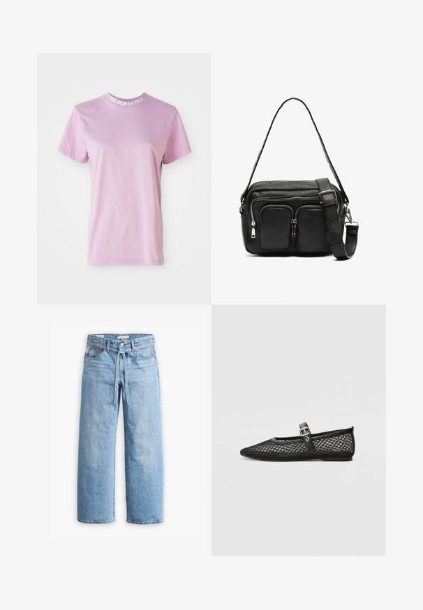 Vaaleanpunainen lyhythihainen t-paita, jossa on pyöreä pääntie. Paidassa on valkoinen teksti "THE NORTH FACE" kauluksessa. Pehmeää puuvillamateriaalia.; Vaaleansiniset farkut leveillä lahkeilla, joissa on korkea vyötärö, nappi- ja vetoketjukiinnitys sekä narutasku vyötäröllä. Raaka helma.; Musta verkkokangas litteä kenkiä, jossa on teräväkärkinen malli, koristeellinen nauha ja solkilukko. K textured yläosa ja sileä musta pohja.; Mustassa nahkaisessa olkalaukussa on kaksi etupuolen vetoketjullista taskua, jämäkkä muoto, säädettävä olkahihna ja teksturoitu pinta.