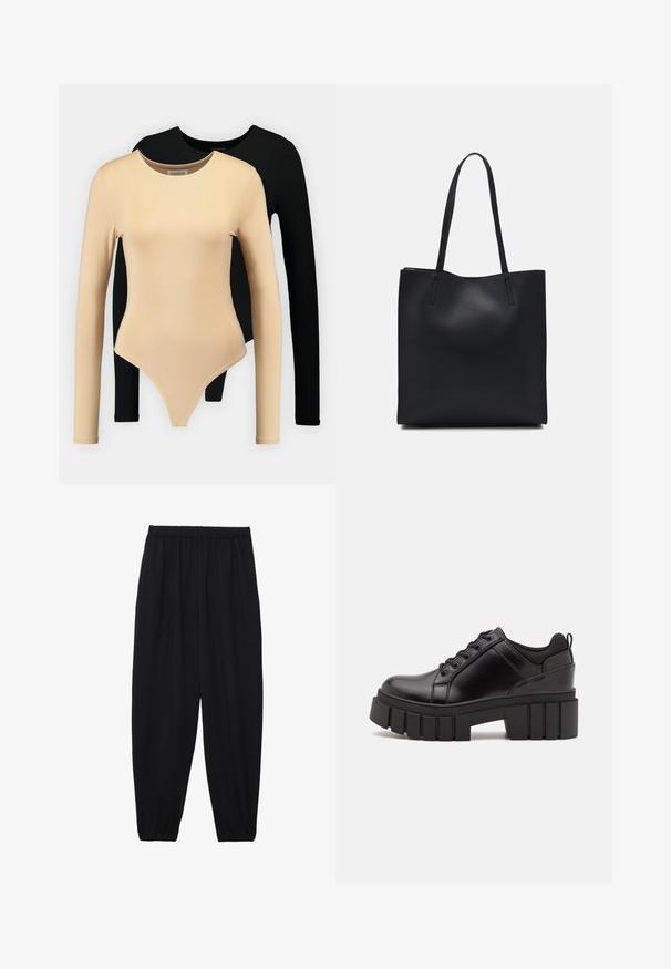 Dois bodies de manga longa: um em bege com textura suave e decote arredondado, o outro em preto. Ambos possuem um corte ajustado e estilo fio dental.; Calças pretas, leves, com um cinto elástico e punhos franzidos. O tecido é suave e apresenta um design relaxado e afunilado.; Sapatos de plataforma em couro preto com um salto bloco robusto, bico redondo e design clássico de atacadores. Apresentam uma textura suave e detalhes mínimos.; Bolsa tote preta em couro com textura lisa, forma retangular e duas alças longas. Sem hardware ou enfeites visíveis.