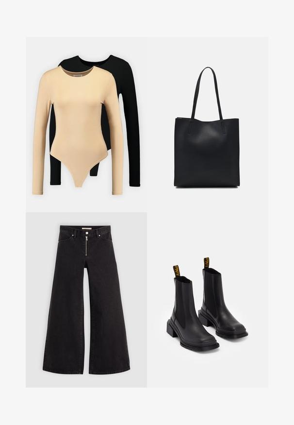 To lange ærmes bodysuits: den ene i beige med en glat overflade og rund halsudskæring, den anden sort. Begge har en tætsiddende silhuet og thongsnit.; Vide ben jeans i sort denim med lynlås foran, fem lomme-design og subtile stikninger. Glat tekstur og afslappet stil.; Sorte ankelstøvler lavet af glat læder med elastiske sidepaneler, en kvadratisk tå og en kraftig hæl. Udstyret med gule mærkeforankringssløjfer.; Sort læder tote taske med glat tekstur, rektangulær form og to lange hanke. Ingen synlig hardware eller udsmykninger.