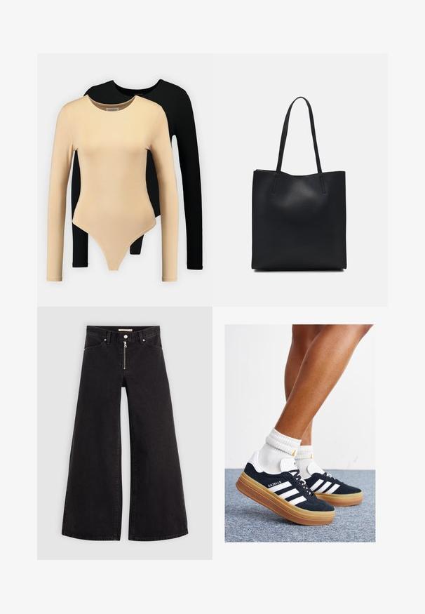 Kaks pikka varrukat keha riiet: üks beež sileda tekstuuri ja ümarate kaelustega, teine must. Mõlemad on istuvad disainiga ja stringi lõikega.; Laiad teksad mustast denimist, millel on lukuga eesmine osa, viie taskuga disain ja peened õmblusdetailid. Sile tekstuur ja juhuslik stiil.; Mustad seemisnahast tossud valgete triipude ja detailidega, ümarate varbassosadega, kummist välistallaga, paaritatud valgete soonikuliste meessokkidega.; Mustast nahast kott sujuva tekstuuriga, ristkülikukujuline ja kahe pika sangaga. Pole nähtavat riistvara ega kaunistusi.