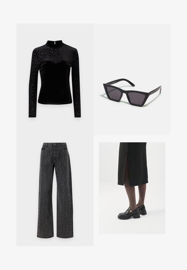 Must must-valge kõrge kaelusega top. Valmistatud pehmest sametist, millel on leopardikiri varrukatel ja pingeline disain.; Noisy May NMJANNEL LOOSE - Avar lõikega teksad - black denim; Mustad mustad jalatsid ümmarguse varbaga, paksu plokkniidi ja elastsete külgdetailidega, kombineeritud tumedate sukkade ja musta lõhikuga seelikuga.; Mustad mustrakellad, millel on hallid šabloonid; valmistatud plastist, paksude ja siledate kätega, ilma nähtava riistvarata.; Hõbedased rõngastikkaehingad minimalistlikus disainis. Ümar kuju, sile tekstuur ja õhuke profiil. Kerged ning poleeritud viimistlusega.