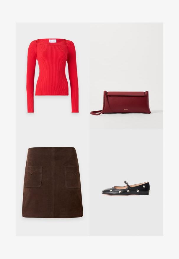 Raudona, ilgaa rankovė, raukšlėta palaidinė su kvadrato formos iškirpte. Turi prigludusią siluetą ir švelnų taukštumą. Matomas prekės ženklas.; Ruda veliūrinė sijonas, pasižymintis klasikinio A formos siluetu, dviem priekinėmis kišenėmis su apvaliais uždangaliukais ir subtiliais siuvinėjimo akcentais.; Juodų odinių Mary Jane plokščių batų su apvaliu pirštu, papuoštų sidabriniais apvaliais nagais ir reguliuojamu dirželiu su sagtimi.; Raudona odinė rankinė su tekstūruotu paviršiumi, turinti plokščią užlenkiamą viršų ir trumpą dirželį. Subtilus prekės ženklo logotipas priekyje.