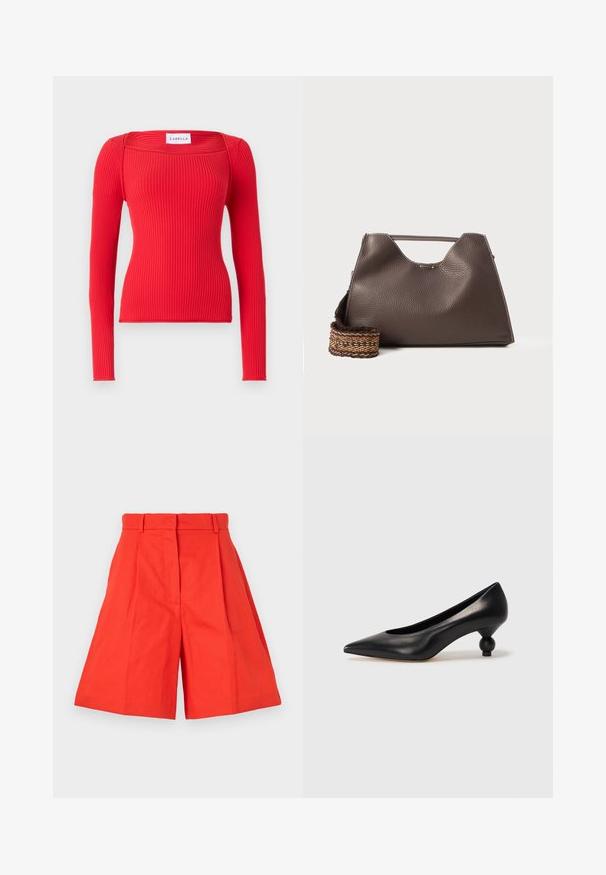Bordázott, hosszú ujjú felső élénk piros színben, négyzet alakú nyakkivágással. Figurás szabású, puha tapintású. Márkajelzés látható.; Piros pamut rövidnadrág magas derékkal, redőzött és széles szabású siluettel. Simább textúra és letisztult vonalak. Nincs zseb vagy díszítés.; Fekete bőr magassarkú cipő, hegyes orral és kerek, gömbölyű sarokkal. Simább textúrával, elegáns, minimalista dizájnnal.; Barna bőr kézi táska texturált felülettel, szögletes dizájnnal és jellegzetes felső fogantyúval. Mintás szőtt vállpánttal rendelkezik.