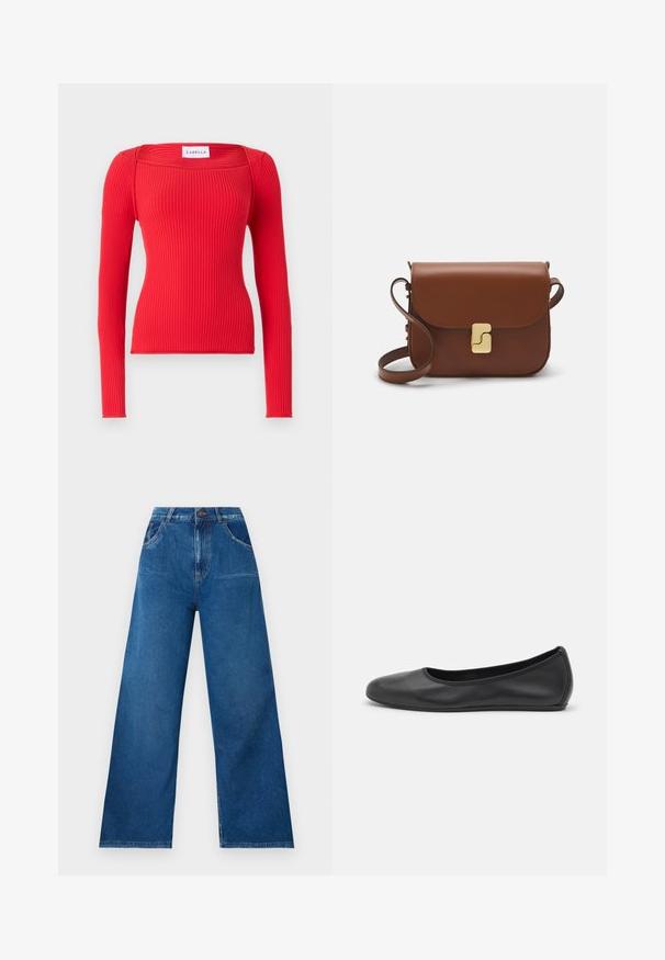 Karmiinpunane ribitatud pikakägiga topp ruudukujulise kaelusega. Omab lähedalt liibuva siluetti ja pehmet tekstuuri. Kaubamärgi silt on nähtav.; Tumedast sinises denimis kõrge vöökoht, laiad jalad teksad, millel on esi- ja tagataskud ning kontrastõmbluse detailid.; Musthave mustika tantsutossud mustast nahast, ümmarguse varbaga, siledast tekstuurist, minimaalse õmblusdetailiga ja paindliku tallakujundusega.; Pruunist nahast käekott, millel on klapiga sulgur, kuldne riistvara, õlarihm ja sile tekstuur. Kompaktne ristkülikukujuline vorm.