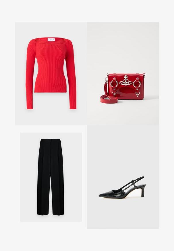 Bordázott, hosszú ujjú felső élénk piros színben, négyzet alakú nyakkivágással. Figurás szabású, puha tapintású. Márkajelzés látható.; Fekete, széles szárú nadrág magas derékkal, redők és sima textúra jellemzi. Az anyag könnyűnek tűnik és elegánsan hullámzik.; Fekete lakk slingback sarok, hegyes orral, texturált kígyómintával, állítható pánttal és rövid, texturált tömbsarkal.; Piros lakkbőr keresztpántos táska ezüst fémrészletekkel, középen emblémával, kör alakú karikákkal és állítható pánttal.