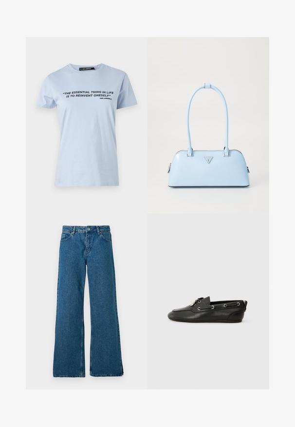 Hele sinine puuvillane T-särk lühikeste varrukatega, millel on must trükitekst: "ELUS ON OLULINE END UUENDADA."; Laiad sinised teksad klassikalise viie taskuga kujundusega, millel on eesnupu ja luku sulgemine ning peene pleekinud tekstuur.; Mustad mustajalatsid mustast nahast, ümarate varvastena, nööridega eespaneel, metallist kinnitused ja lamedad tallad. Tagaküljel on väike silt.; Hele helesinine käekott, millel on struktureeritud kuju, sile nahk, kaks käepidet ja kolmnurkne brändi logo esiküljel. Lukuga sulgemine.