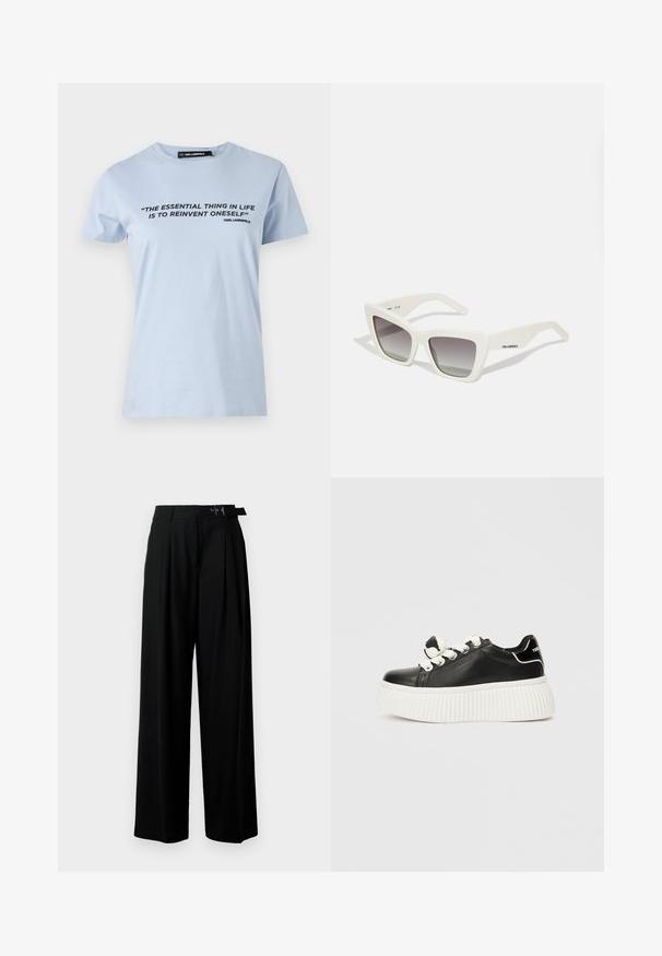 T-shirt de algodão azul claro com mangas curtas, apresentando uma impressão em texto preto: "A COISA ESSENCIAL NA VIDA É REINVENTAR-SE."; Calças largas pretas de cintura alta, com pregas à frente e um cinto com fivela. Feitas de um tecido liso e leve.; Sapatilha de couro preto com uma sola grossa branca e canelada, apresentando atacadores brancos e um detalhe de laço decorativo na lingueta.; Óculos de sol brancos de tamanho oversized com um acabamento mate, design angular, lentes cinzentas em degradê e uma marcação subtil no braço.