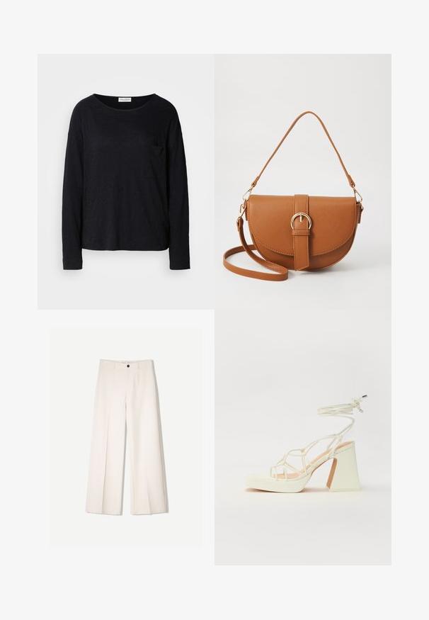 Črna majica dolgih rokavov s krožnim ovratnikom in majhnim žepkom na prsih, izdelana iz lahkotnega, rahlo strukturiranega blaga.; Kremne široke hlače s krojem, ki vključujejo dve sprednji žepi in en sprednji gumb za zapiranje, izdelane iz gladkega blaga.; Bela sandala na visokih petah s debelim petam, ki ima obliko trakcev in vezanje okoli gležnja. Gladka tekstura z platformo spredaj za dodatno višino.; Rjava usnjena torbica prek telesa s ukrivljeno obliko, zlate opreme in sponko. Ima odstranljiv naramni trak.