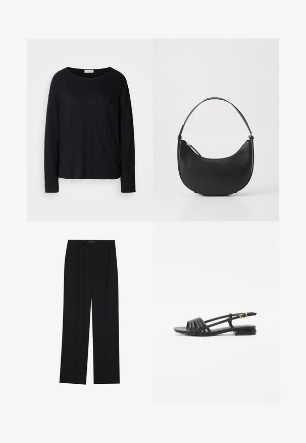 Hosszú ujjú fekete kerek nyakú póló, kis mellzsebbel, könnyű, enyhén textúrált anyagból készült.; Fekete nadrág egyenes szárú kialakítással, két első zsebbel és derékrésszel. Simának és könnyű anyagból készült.; Fekete lapos szandálok, szíjakkal tervezve, amelyek több bőr pánttal és vékony bokapánttal rendelkeznek. A talp lapos és téglalap alakú.; Fekete bőr válltáska ívelt formával, karcsú fogantyúval és cipzáras záródással. Simább textúrával és diszkrét logó részlettel rendelkezik.