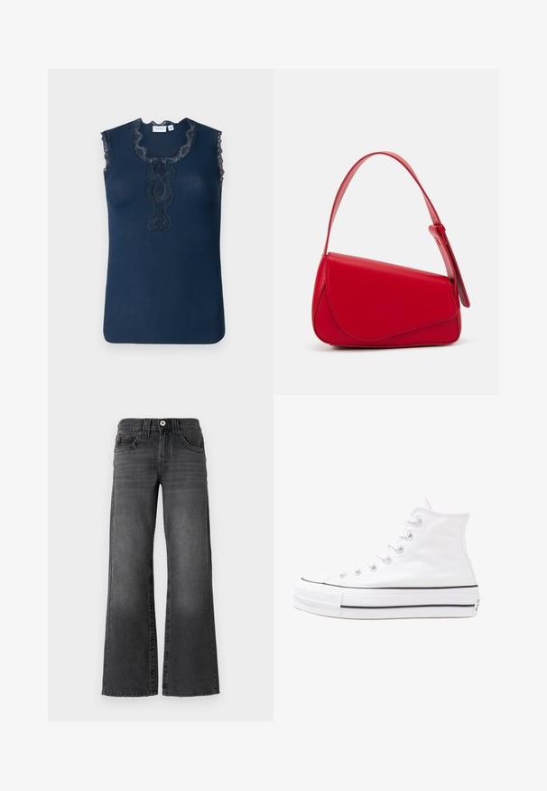 Top sem mangas azul marinho feito de material canelado, apresentando um acabamento de renda ao redor do decote e três pequenos botões no centro.; Jeans de perna larga em denim cinza escuro. Apresenta cinco bolsos, um fecho de botão e um desgaste sutil no tecido. Detalhes de costura clássica.; Sapatilha alta de tela branca com sola de borracha preta, bico de borracha na frente e seis ilhós para os atacadores, apresentando um design limpo e minimalista.; Bolsa de mão em couro vermelho com um design angular e geométrico. Apresenta uma única alça ajustável e um fecho com aba, com detalhes cosidos.
