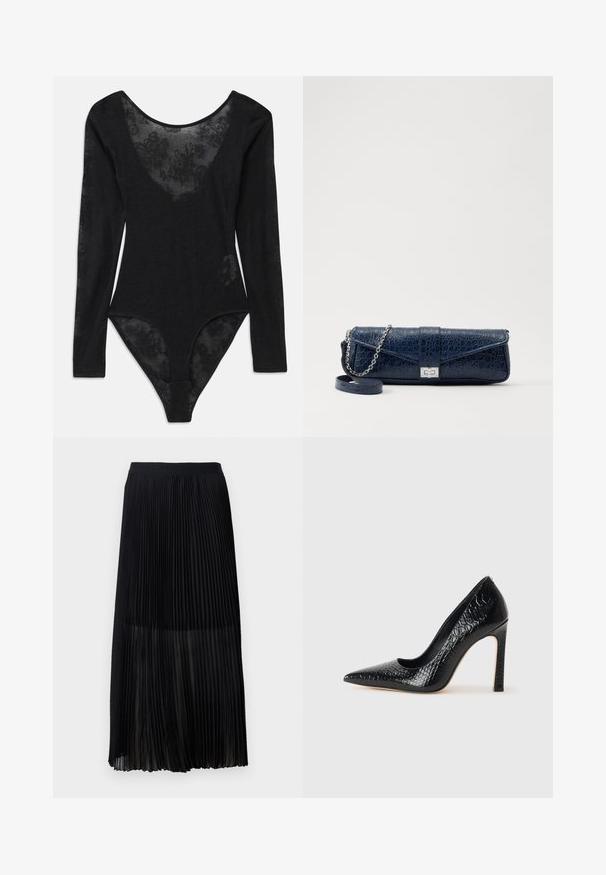 Mustat bodysuitit pitkähihaisilla hihoilla ja syvällä avonaisella kaula-aukolla. Siinä on läpinäkyvää kukkakuvioista pitsiä edessä ja teksturoitua kangasta koko matkalta.; Mustan laskostetun midihameen, jossa on sileä, joustava vyötärönauha ja läpikuultava päällyskangas, jossa on hienoja pystylaskoksia koko kankaan ajan.; Musta kapea nilkkakorkokenkä krokotiilin nahkakuviolla, joka on varustettu tyylikkäällä muotoilulla, korkealla stiletto-korkealla ja sileällä mustalla sisäosalla.; Navy sininen nahkakukkarokotelo, jossa on krokotiilinumero, hopeaketjuolkapanta ja metallilukko. Suorakulmainen muoto taitettavalla designilla.