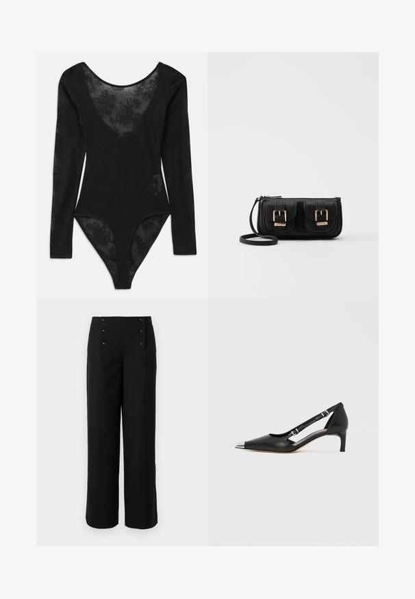 Body nero con maniche lunghe e scollatura profonda. Presenta un pannello in pizzo floreale trasparente nella parte frontale e tessuto testurizzato in tutto il capo.; Pantaloni neri a gamba larga realizzati in tessuto morbido, con vita alta e cinque bottoni frontali per la chiusura. Design elegante e sartoriale.; Décolleté in pelle nera con tacco kitten, punta argentata appuntita e doppie cinghie con fibbia su sfondo bianco.; Borsa a tracolla nera in pelle con due tasche frontali, fibbie dorate, chiusura con zip e una tracolla sottile. Superficie texturizzata e forma rettangolare compatta.