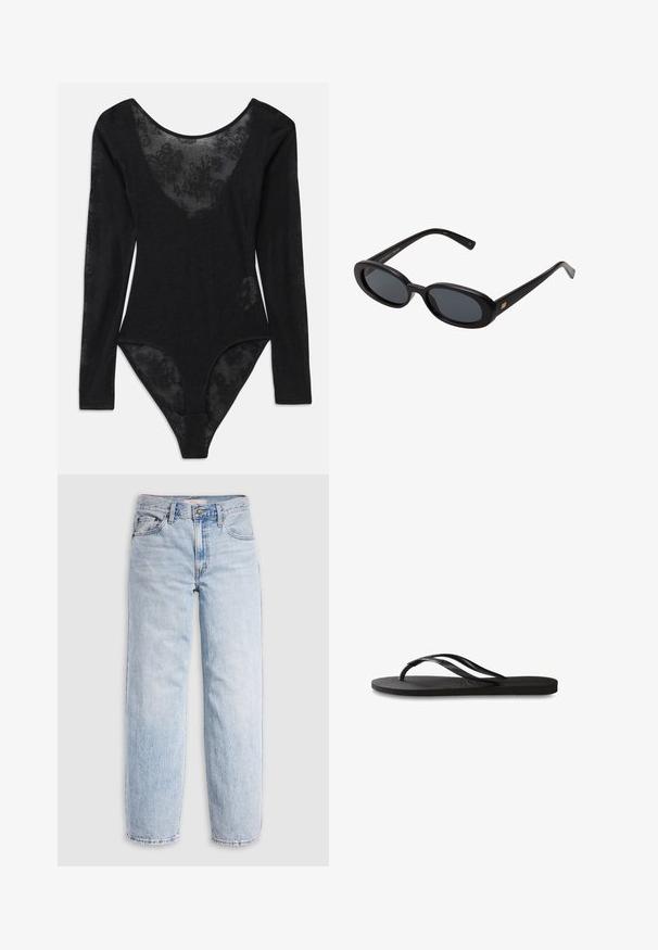 Body nero con maniche lunghe e scollatura profonda. Presenta un pannello in pizzo floreale trasparente nella parte frontale e tessuto testurizzato in tutto il capo.; Jeans in denim azzurro chiaro con vita alta, vestibilità rilassata, gambe dritte e design classico a cinque tasche. Dettagli di scolorimento e cuciture visibili.; Infradito neri con suola in gomma testurizzata, due cinghie sottili e un sottile dettaglio del logo impresso sulla cinghia.; Occhiali da sole neri oversize con lenti ovali, montatura in plastica liscia e accenti dorati sulle tempie. Le lenti scure offrono protezione dal sole.; Borsa a spalla in morbido camoscio grigio con una silhouette curva e morbida e una vasta tracolla. Presenta un logo sottile impresso sul davanti.